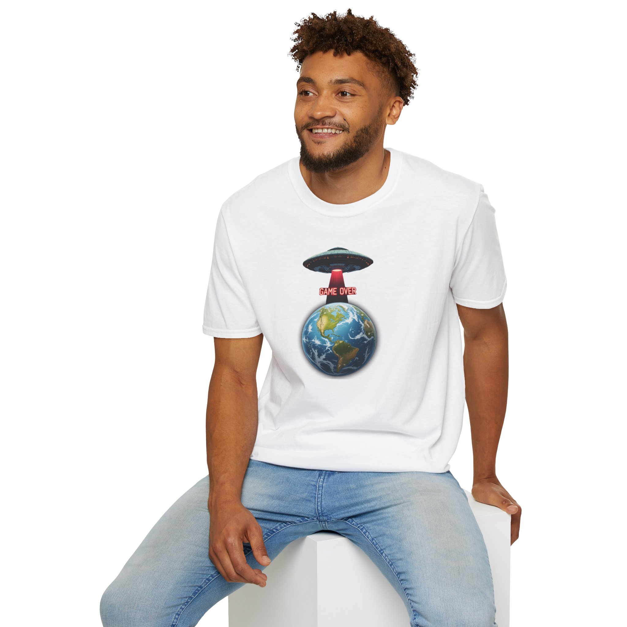 UFO Earth Graphic Tee, Funny Unisex Softstyle T-Shirt, Alien Humor Shirt, Gift for Space Lovers, Quirky Casual Wear - Image 6