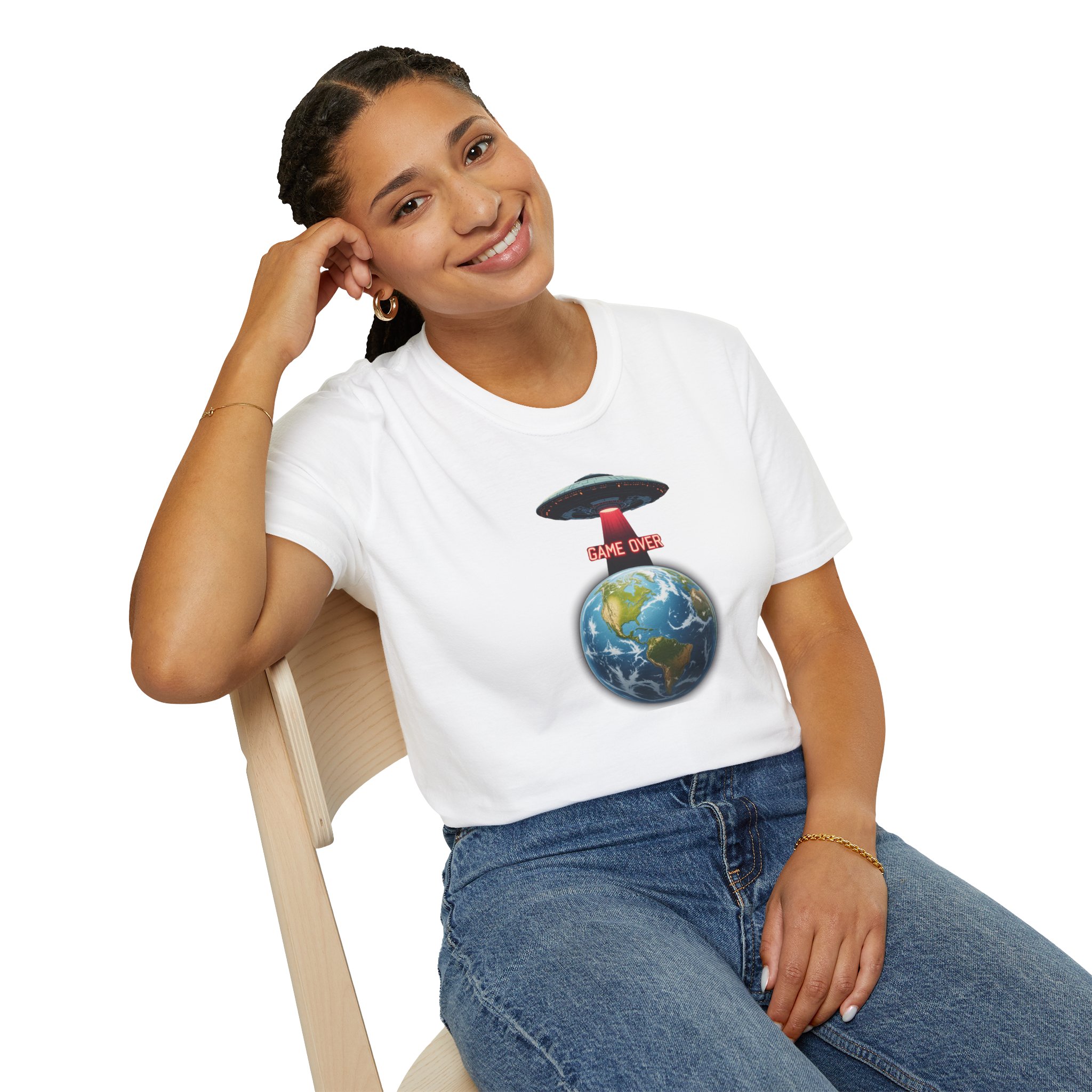 UFO Earth Graphic Tee, Funny Unisex Softstyle T-Shirt, Alien Humor Shirt, Gift for Space Lovers, Quirky Casual Wear - Image 7