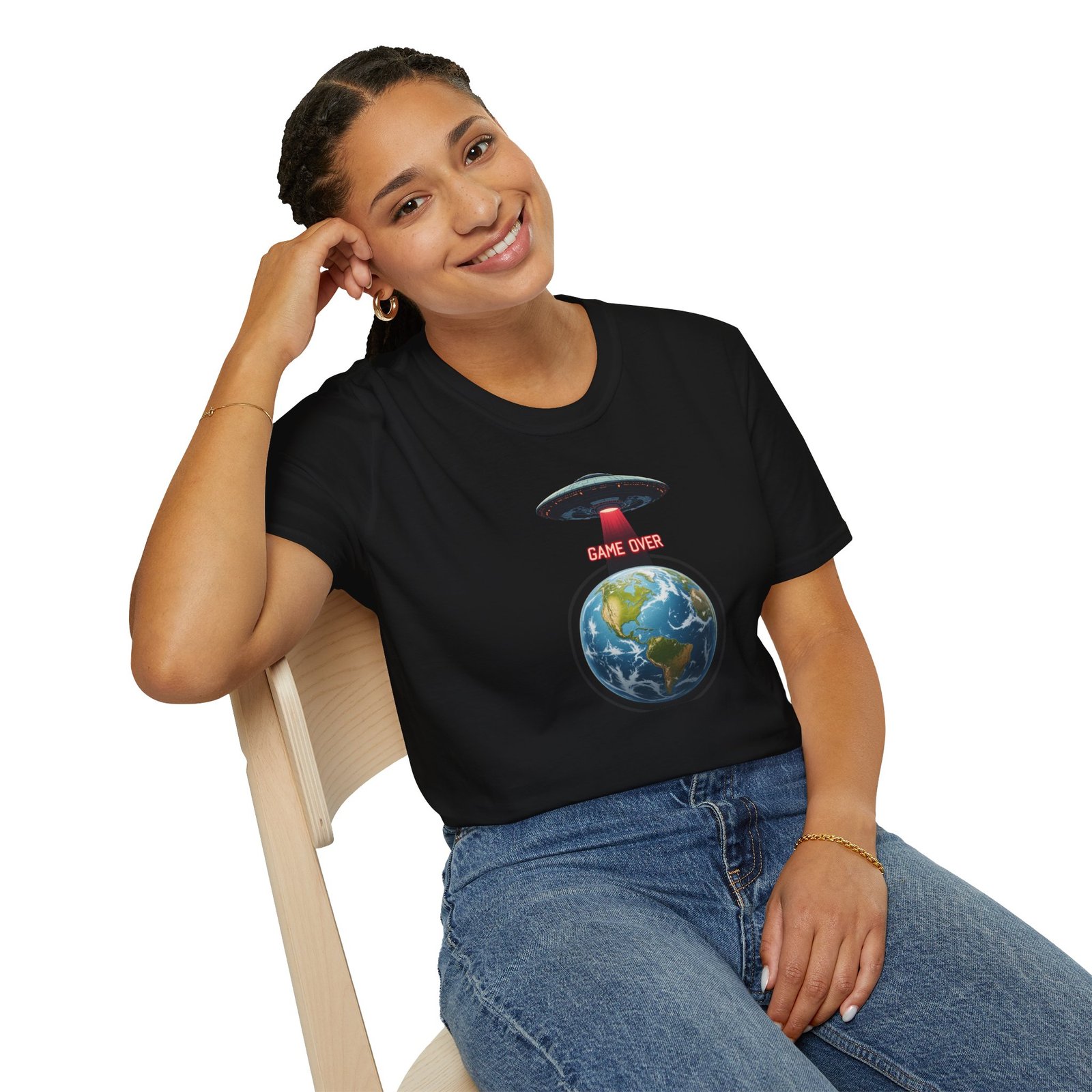 UFO Earth Graphic Tee, Funny Unisex Softstyle T-Shirt, Alien Humor Shirt, Gift for Space Lovers, Quirky Casual Wear - Image 3