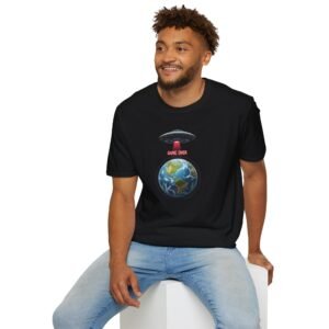 UFO Earth Graphic Tee, Funny Unisex Softstyle T-Shirt, Alien Humor Shirt, Gift for Space Lovers, Quirky Casual Wear