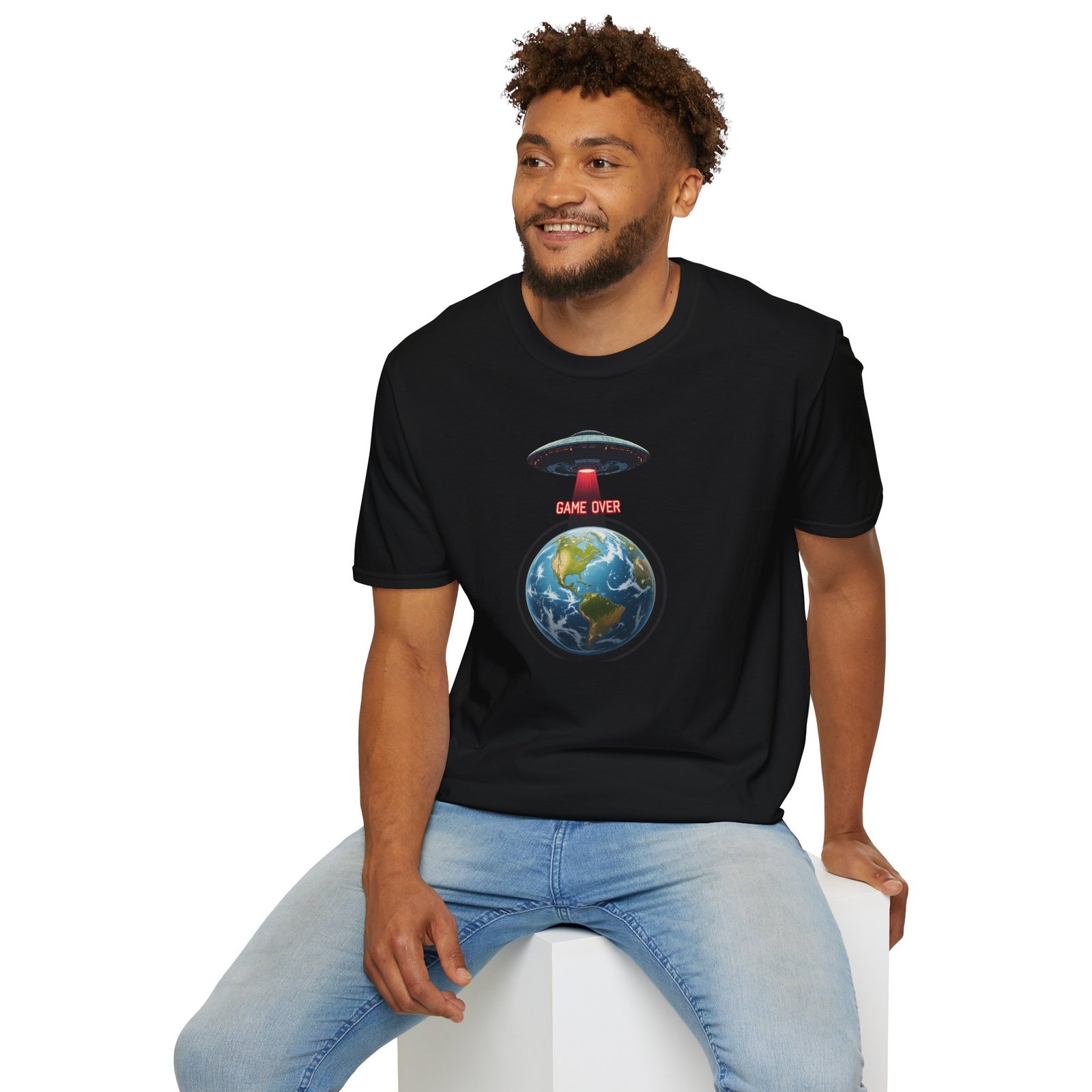 UFO Earth Graphic Tee, Funny Unisex Softstyle T-Shirt, Alien Humor Shirt, Gift for Space Lovers, Quirky Casual Wear