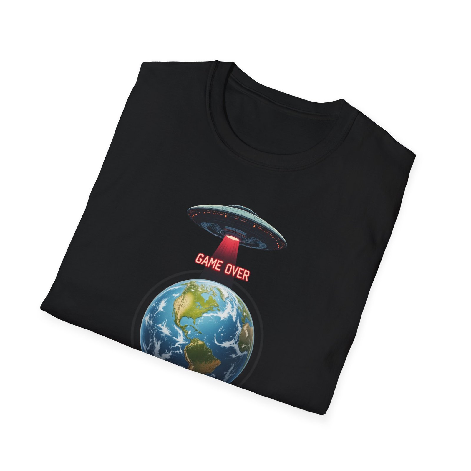 UFO Earth Graphic Tee, Funny Unisex Softstyle T-Shirt, Alien Humor Shirt, Gift for Space Lovers, Quirky Casual Wear - Image 2