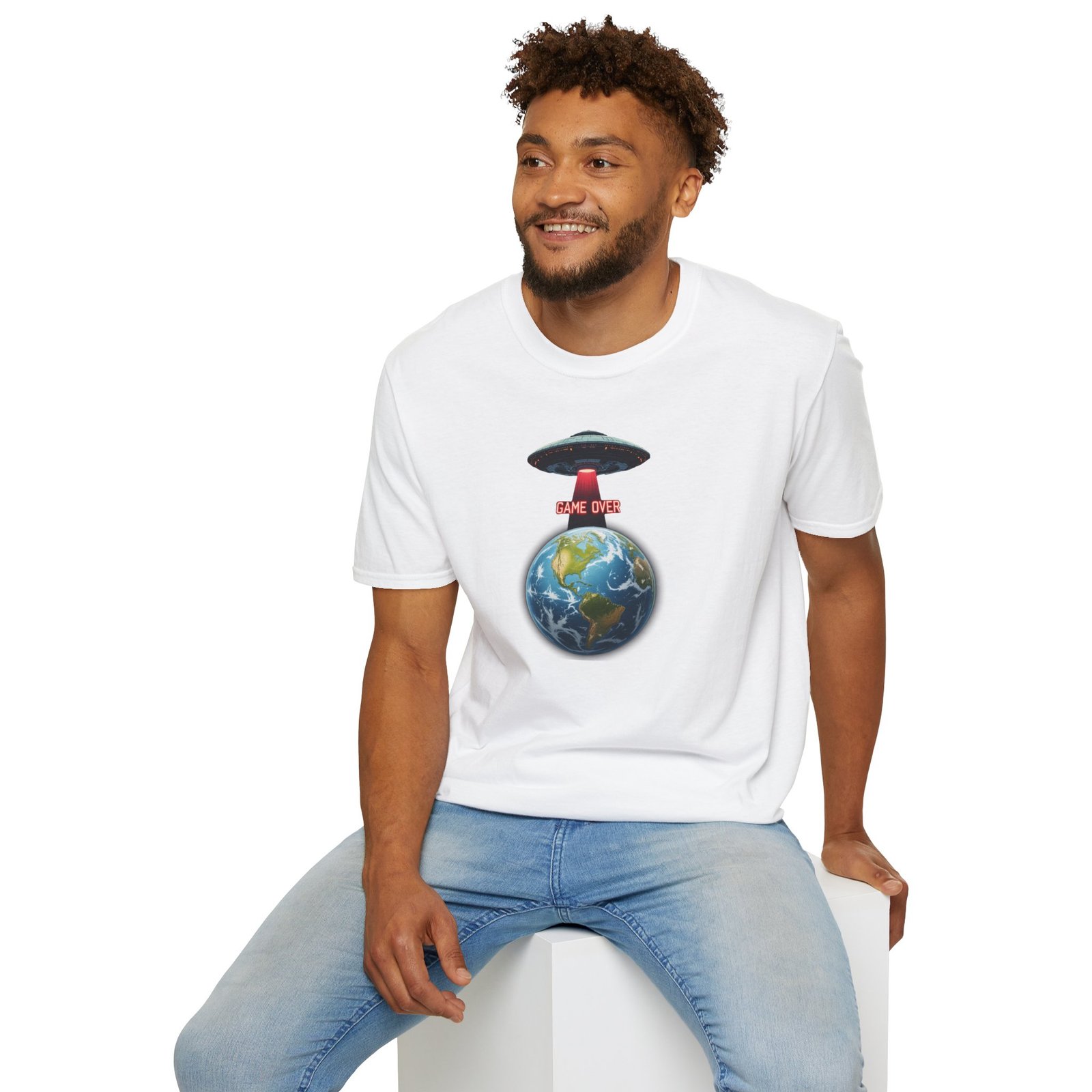UFO Earth Graphic Tee, Funny Unisex Softstyle T-Shirt, Alien Humor Shirt, Gift for Space Lovers, Quirky Casual Wear - Image 6