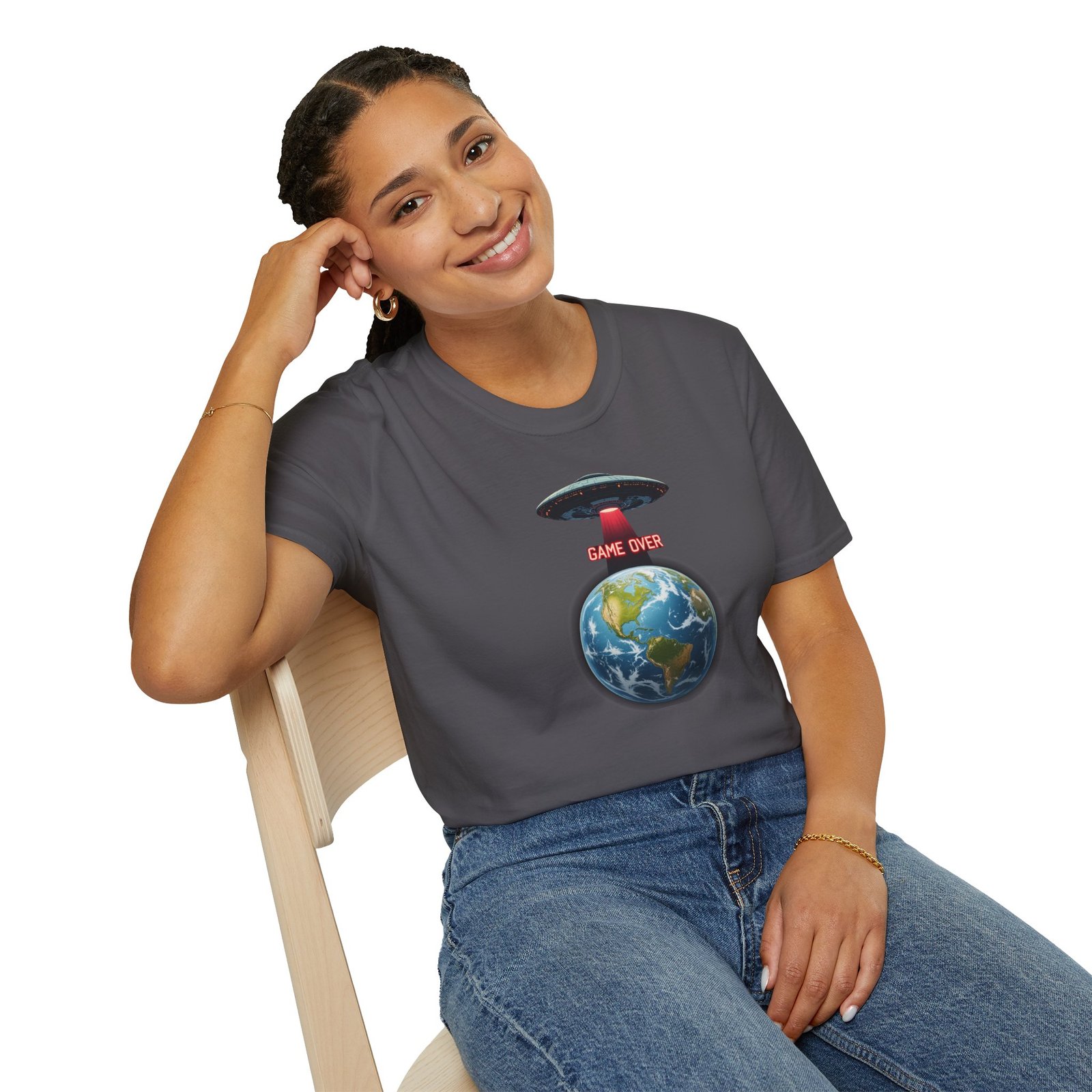 UFO Earth Graphic Tee, Funny Unisex Softstyle T-Shirt, Alien Humor Shirt, Gift for Space Lovers, Quirky Casual Wear - Image 19
