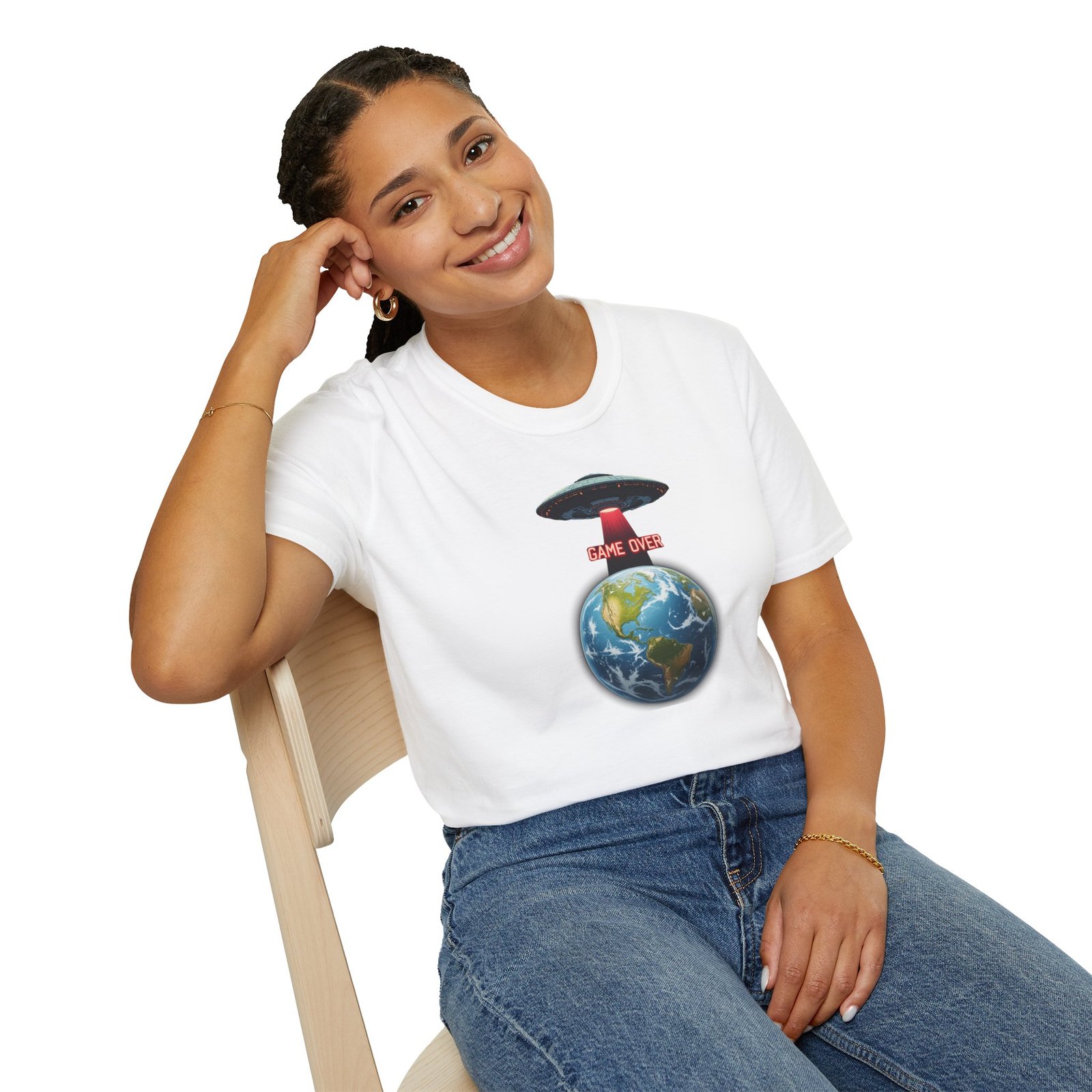 UFO Earth Graphic Tee, Funny Unisex Softstyle T-Shirt, Alien Humor Shirt, Gift for Space Lovers, Quirky Casual Wear - Image 7