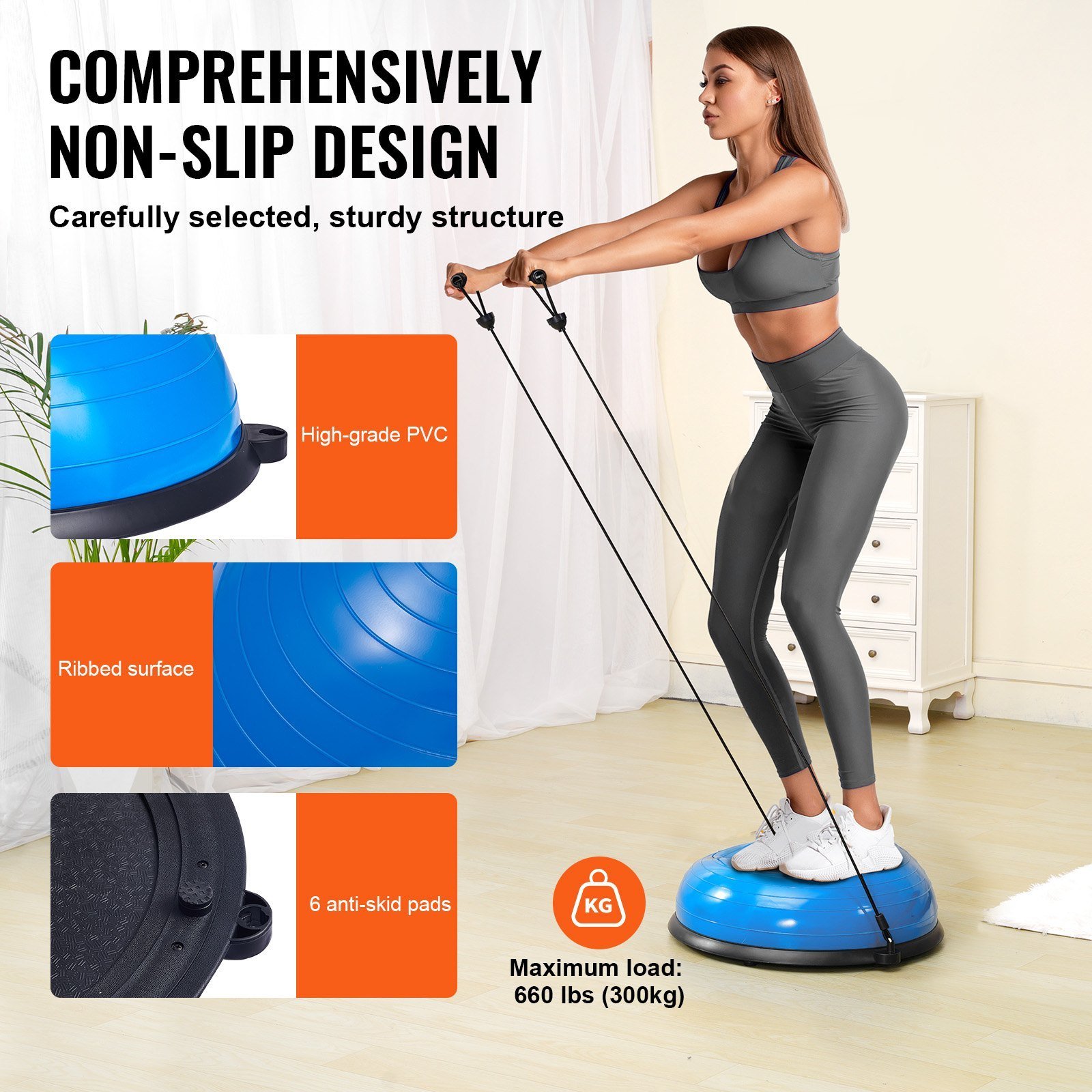 Half Exercise Ball Trainer, 23 Inch Balance Ball Trainer, 660lbs Capacity Stability Ball, Yoga Ball With Resistance Bands & Foot Pump, Strength Fitness Ball For Home Gym, Full Body Workout, Blue - Image 3