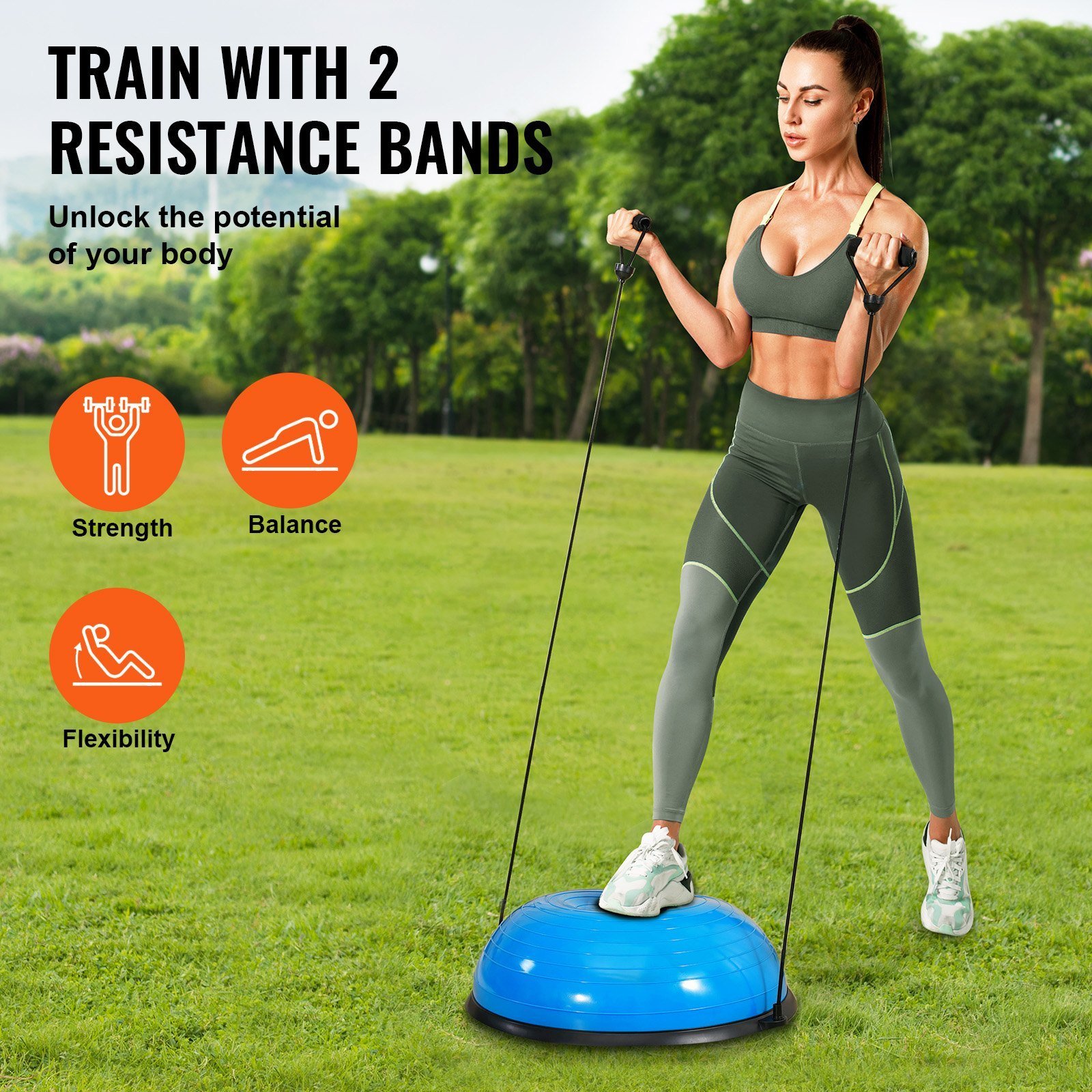 Half Exercise Ball Trainer, 23 Inch Balance Ball Trainer, 660lbs Capacity Stability Ball, Yoga Ball With Resistance Bands & Foot Pump, Strength Fitness Ball For Home Gym, Full Body Workout, Blue - Image 2